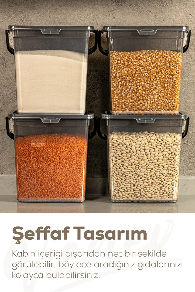 4 Adet Kare Un Bakliyat Kabı 6 Litre - Kulplu Deterjanlık Saklama Kutusu Kabı Antrasit